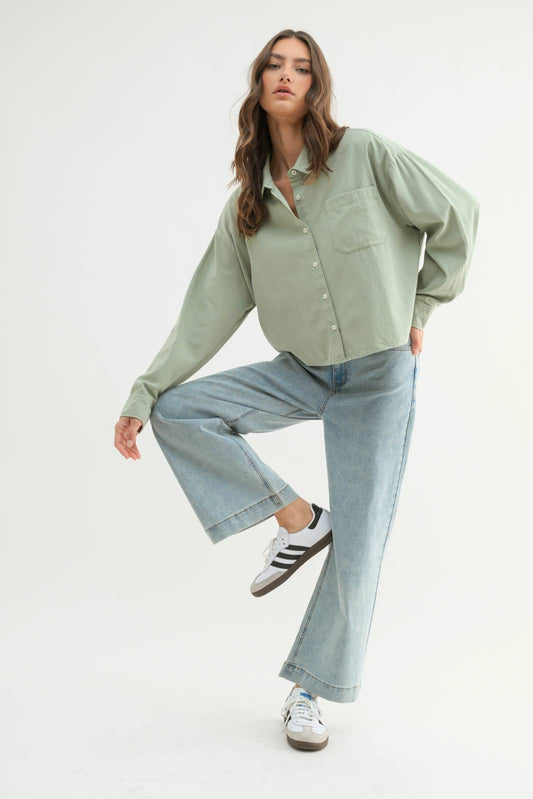 Matcha Boxy Long Sleeve Button-Up