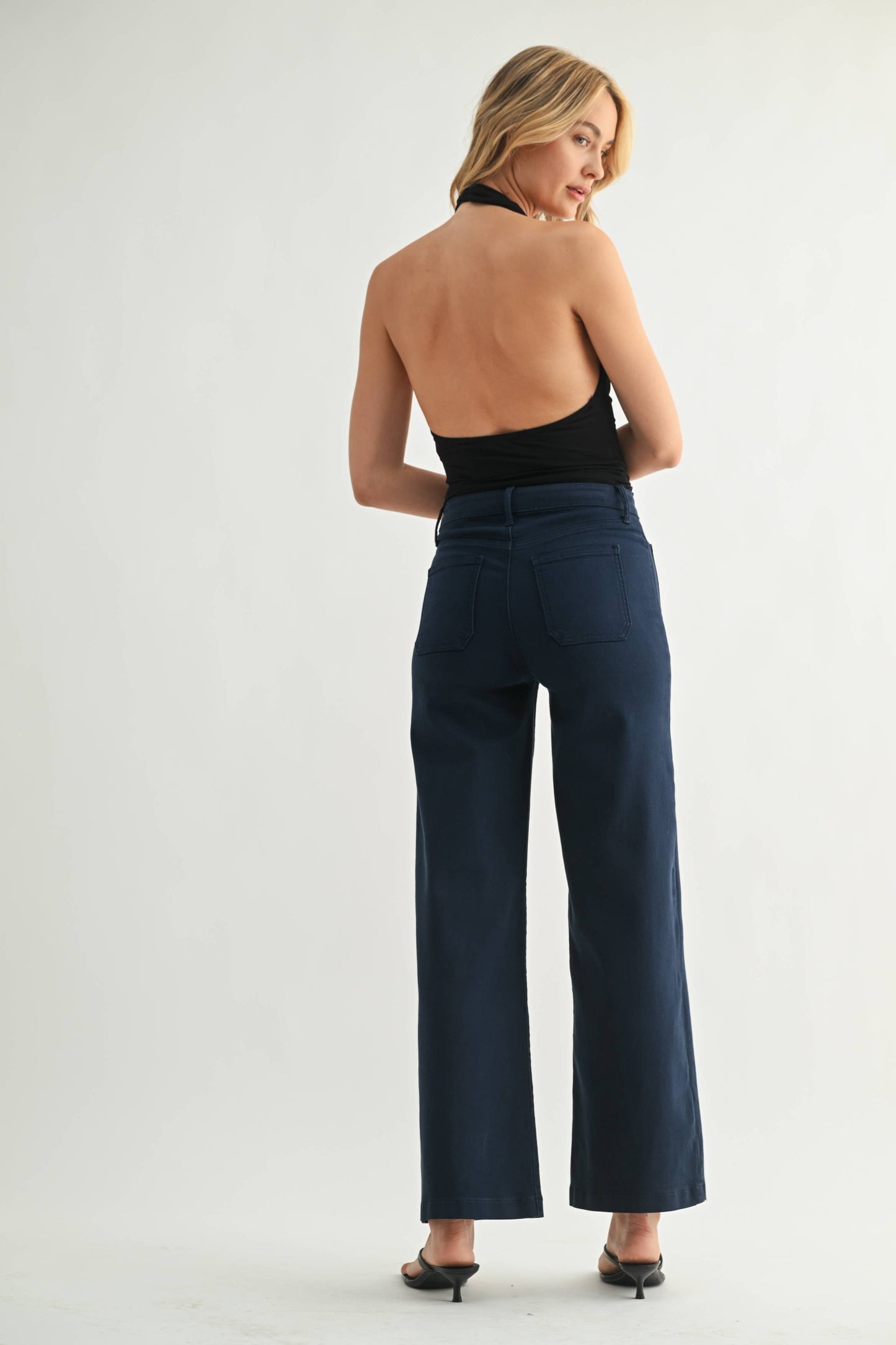 back pockets on navy blue denim wide leg pants