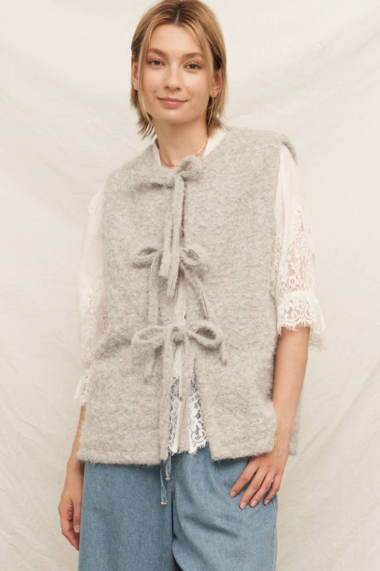 thick warm gray sweater vest with front ties