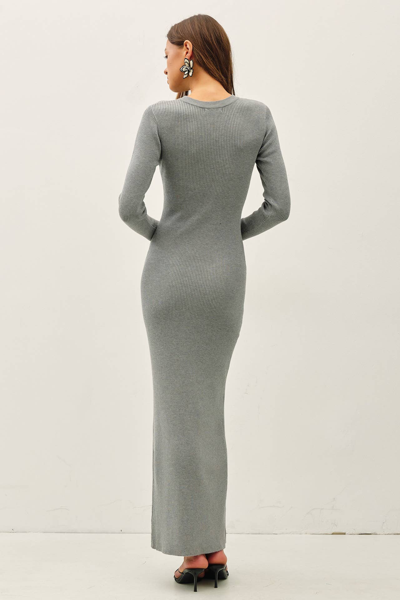 back of gray long sweater dress