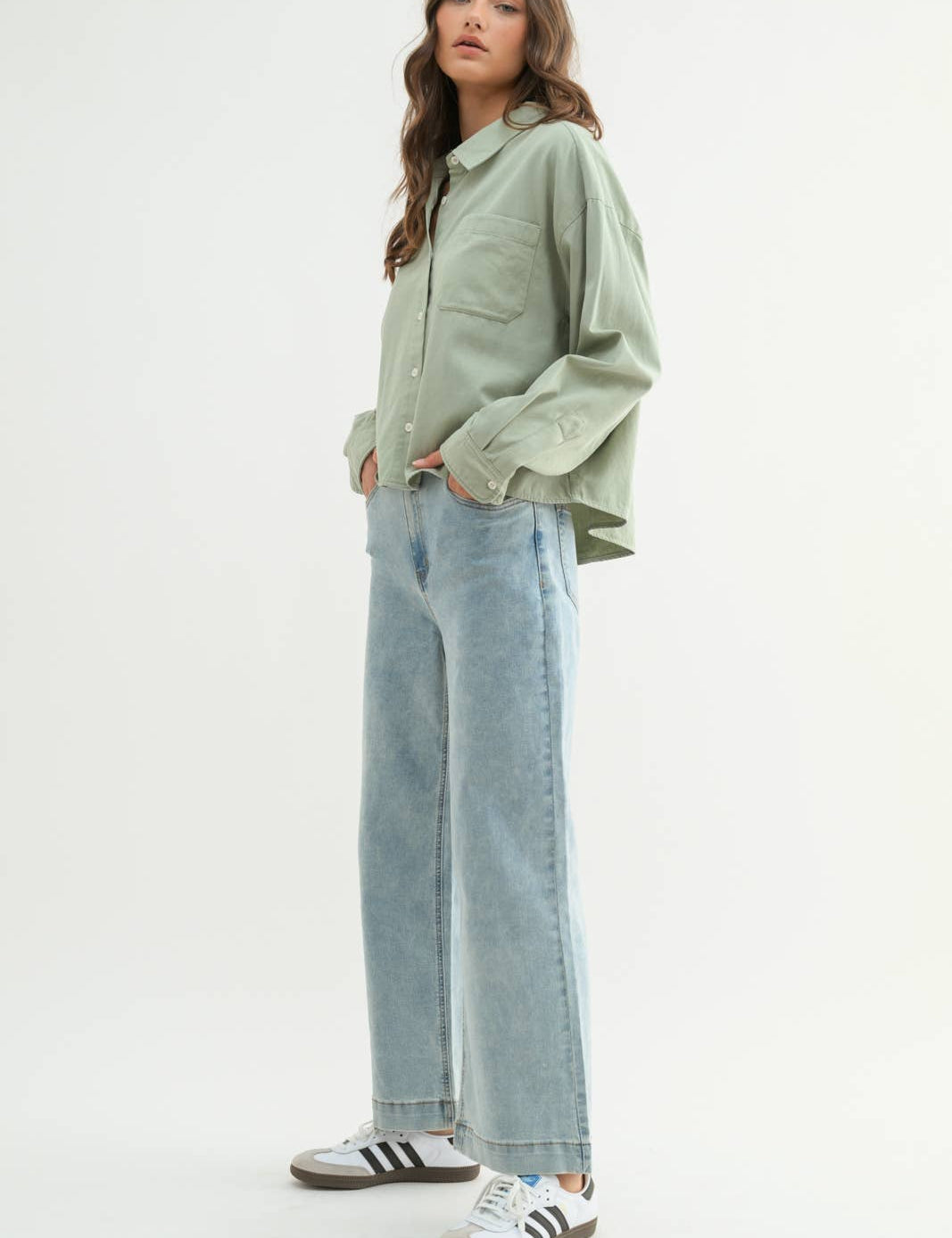 Matcha Boxy Long Sleeve Button-Up