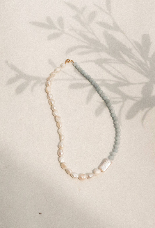 Belle Necklace – Blue Jade and Freshwater Pearl Beaded Necklace