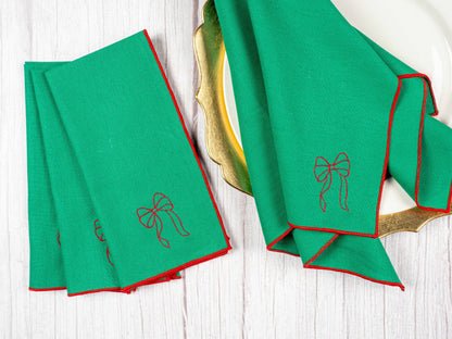 Green Linen Napkins with Red Bow — Set of Four