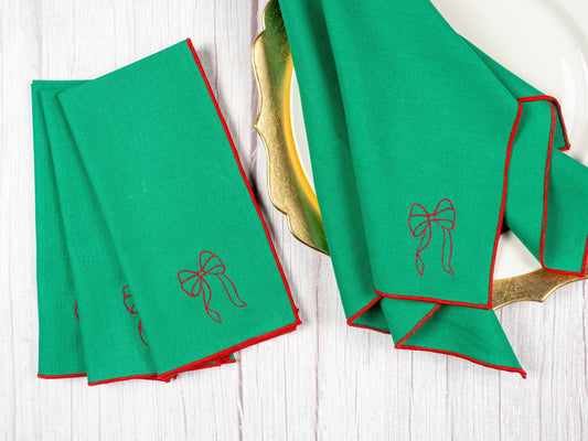 Green Linen Napkins with Red Bow — Set of Four
