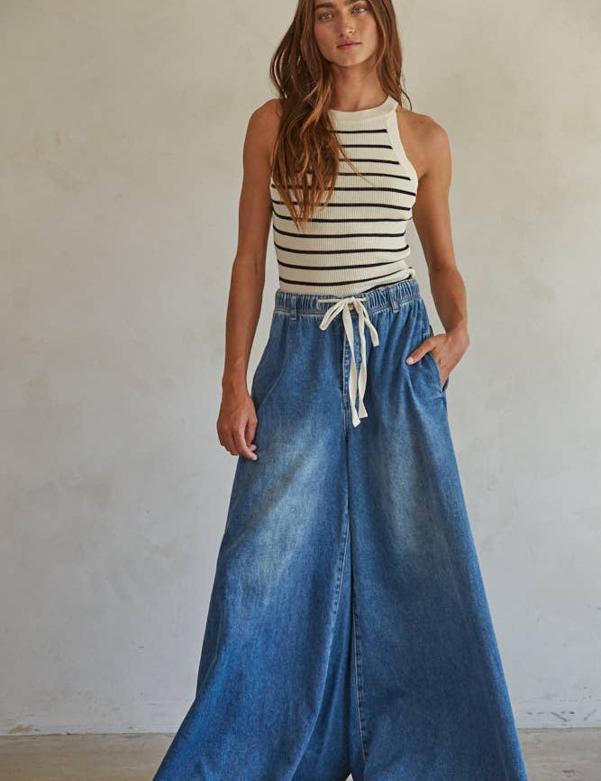 Libbie Wide-Leg Drawstring Denim Pants