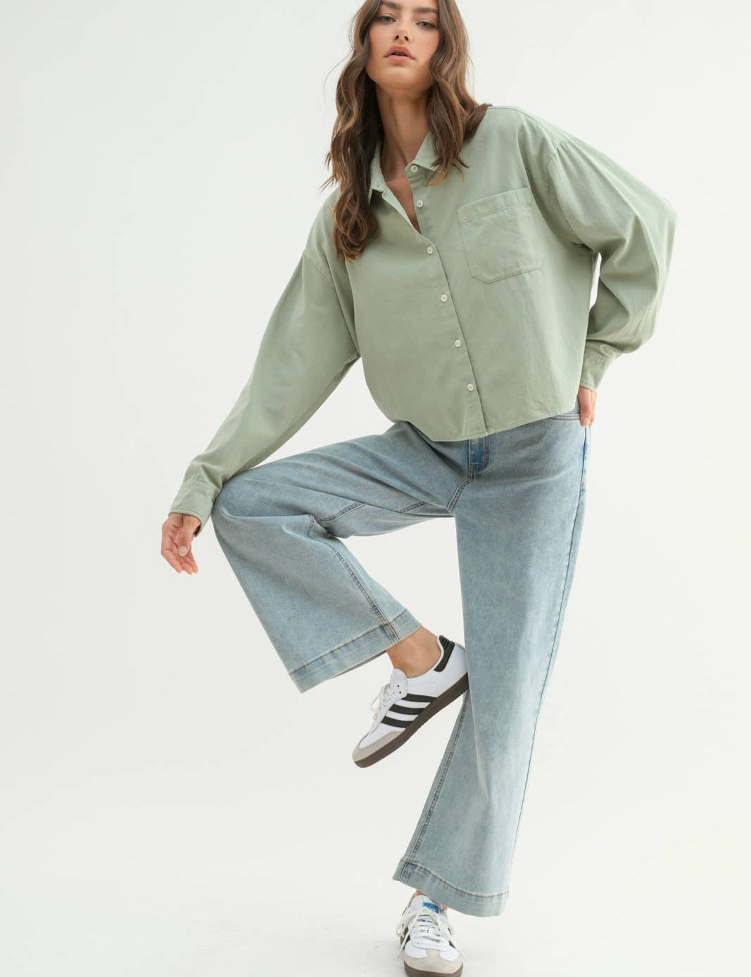 Matcha Boxy Long Sleeve Button-Up
