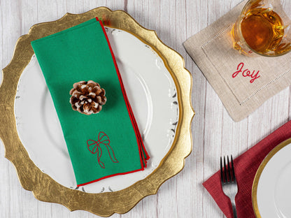 Green Linen Napkins with Red Bow — Set of Four