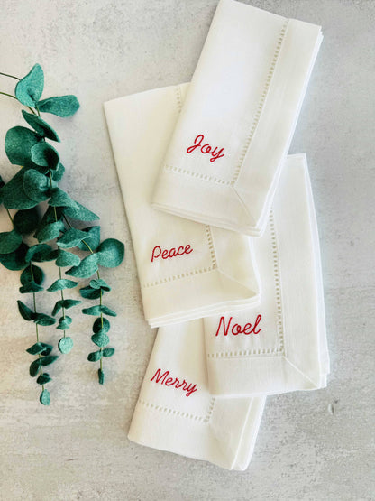Holiday Words Linen Napkin Set — White, Set of Four