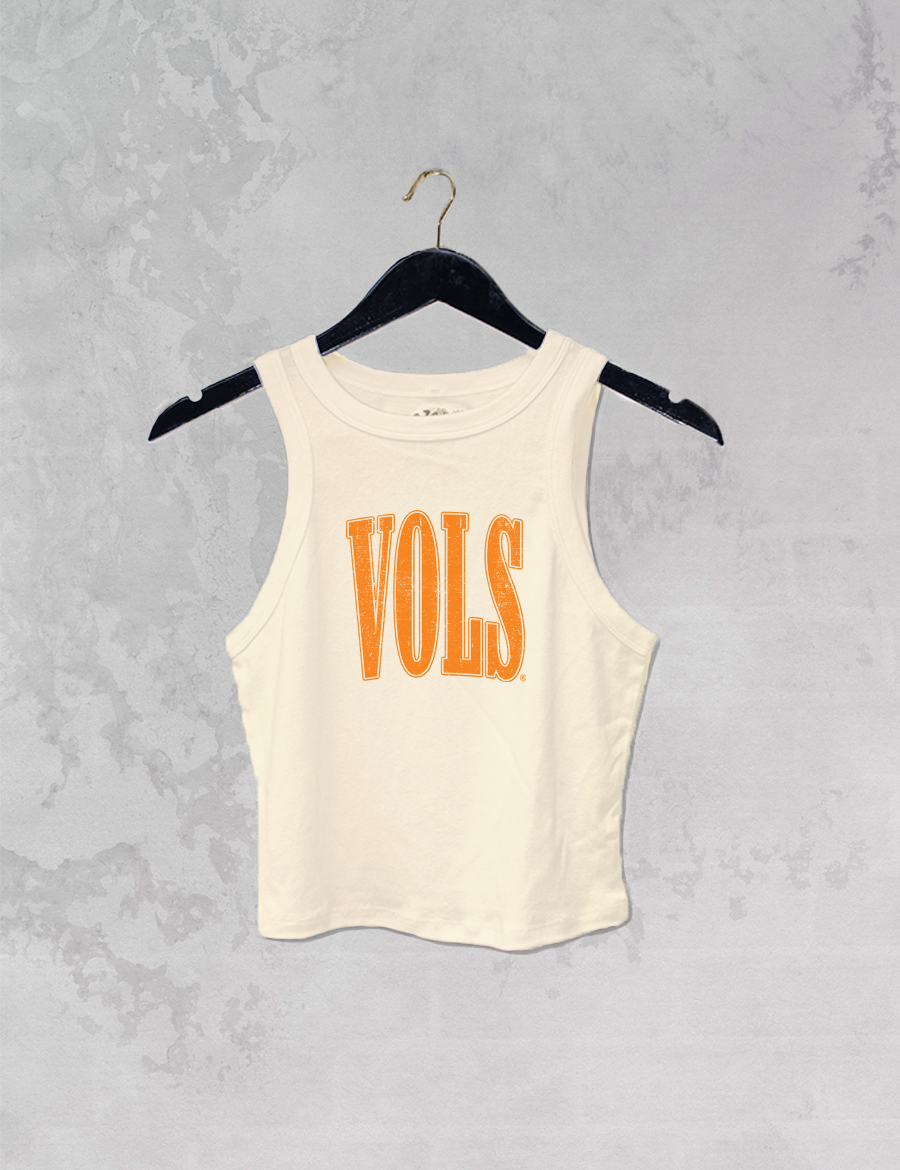 cream 90s style ribbed baby tank with distressed orange VOLS graphic for university of tennessee game day