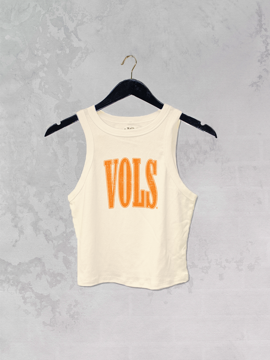 cream 90s style ribbed baby tank with distressed orange VOLS graphic for university of tennessee game day