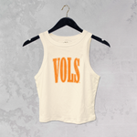 cream 90s style ribbed baby tank with distressed orange VOLS graphic for university of tennessee game day