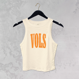 cream 90s style ribbed baby tank with distressed orange VOLS graphic for university of tennessee game day