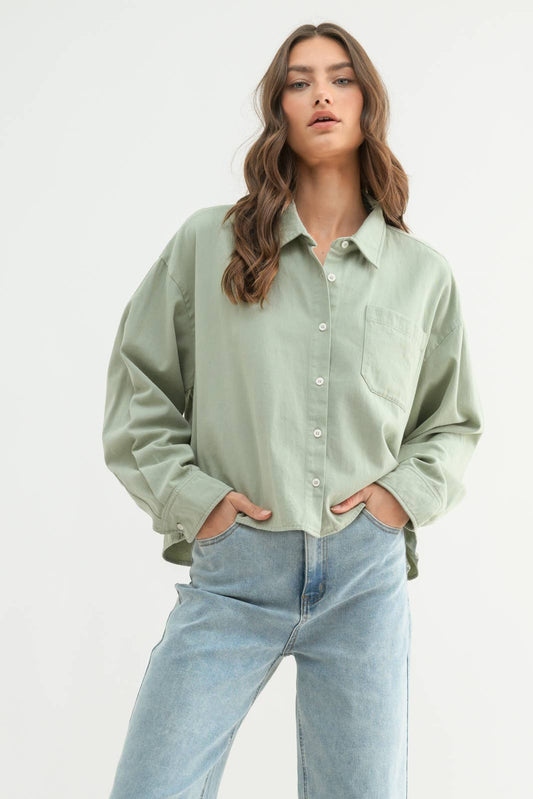 Matcha Boxy Long Sleeve Button-Up