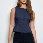 navy vest top, button front vest top, tailored sleeveless top, scallop trim vest, linen blend vest, women's tailored top, structured vest top, fall layering piece, boutique women's top, west of may boutique