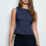 navy vest top, button front vest top, tailored sleeveless top, scallop trim vest, linen blend vest, women's tailored top, structured vest top, fall layering piece, boutique women's top, west of may boutique