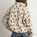 floral sherpa jacket, women's sherpa jacket, ivory fleece jacket, floral fleece jacket, women's fall jacket, cozy fall jacket, snap front sherpa jacket, printed sherpa jacket, women's boutique outerwear