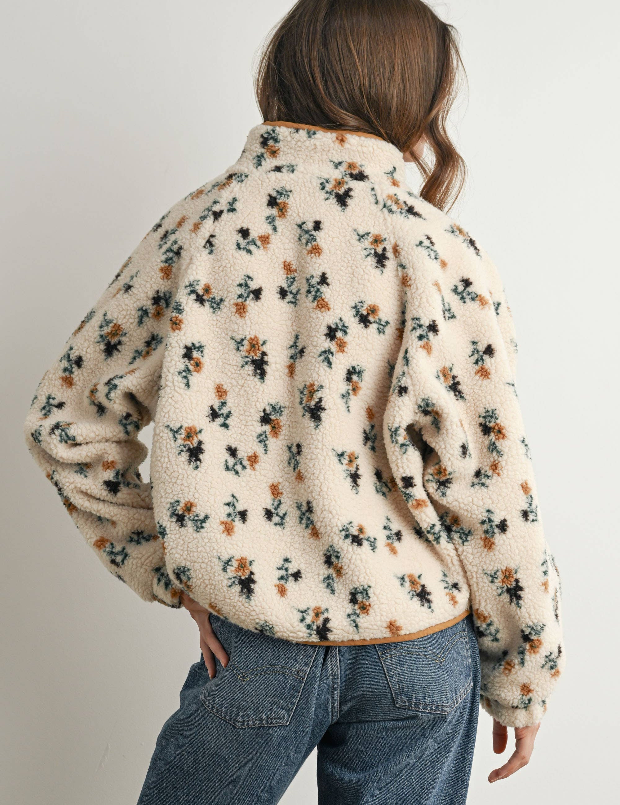 floral sherpa jacket, women's sherpa jacket, ivory fleece jacket, floral fleece jacket, women's fall jacket, cozy fall jacket, snap front sherpa jacket, printed sherpa jacket, women's boutique outerwear