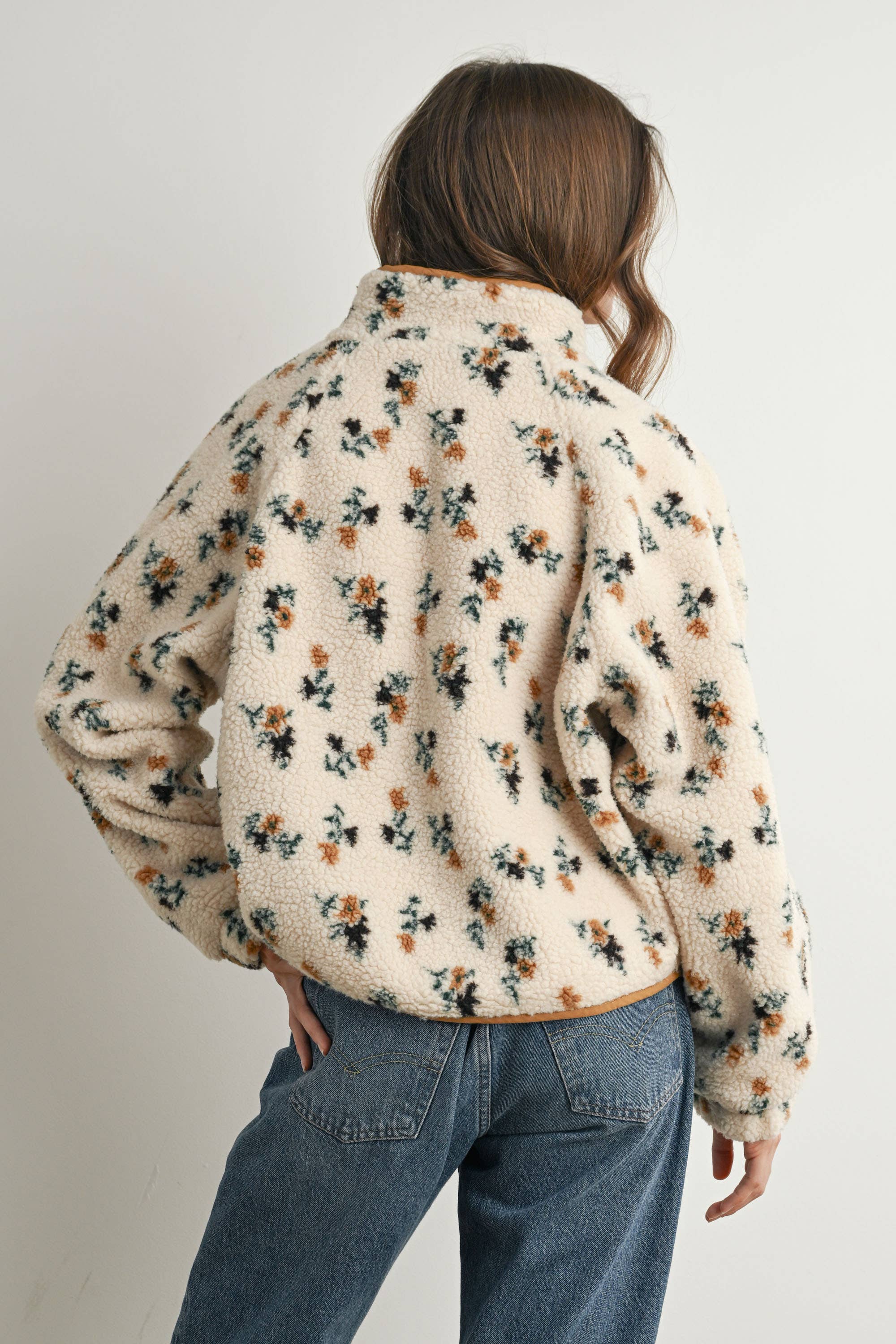 floral sherpa jacket, women's sherpa jacket, ivory fleece jacket, floral fleece jacket, women's fall jacket, cozy fall jacket, snap front sherpa jacket, printed sherpa jacket, women's boutique outerwear