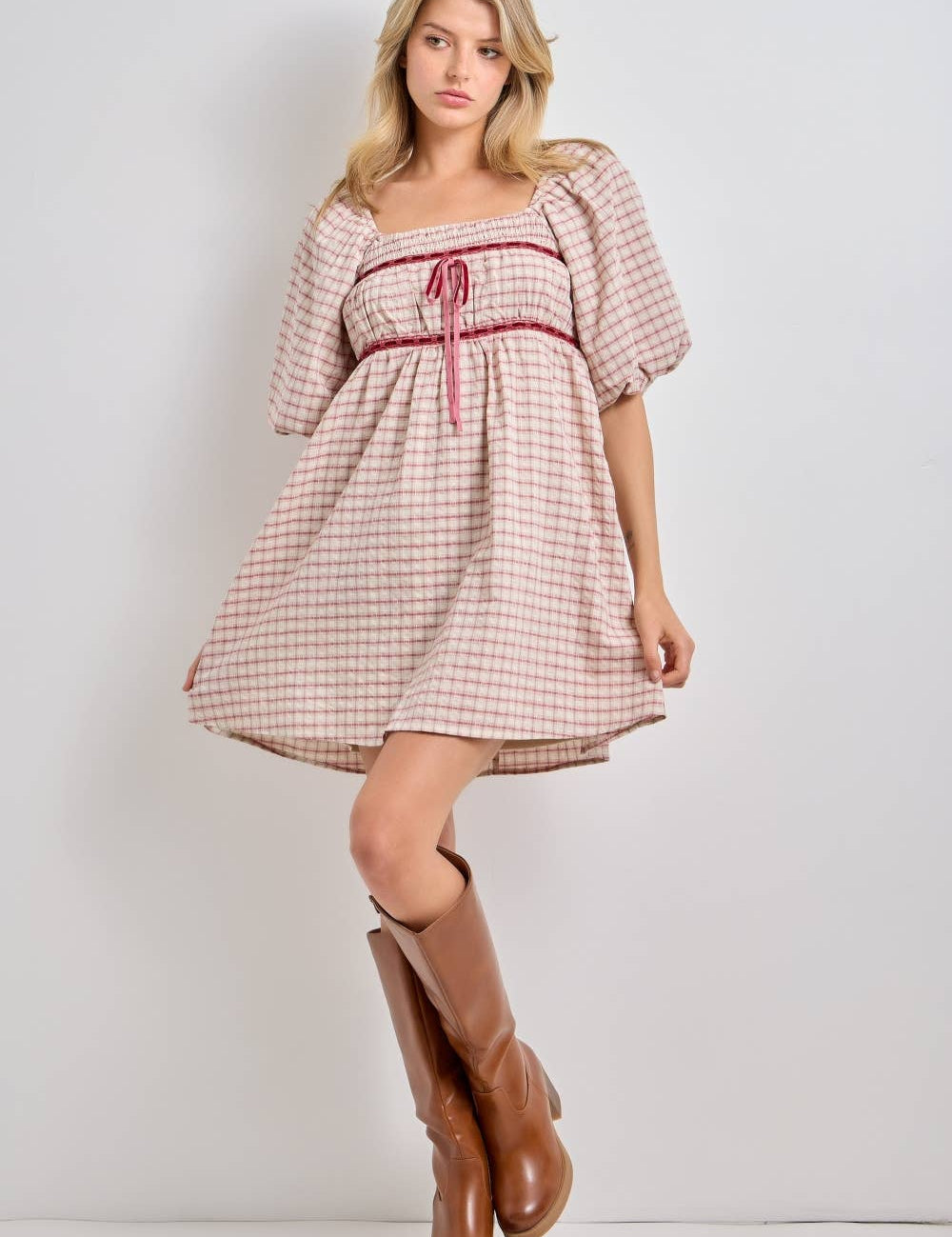 plaid mini dress, plaid puff sleeve dress, square neck plaid dress, pink plaid dress, cottagecore mini dress, empire waist dress, velvet ribbon dress, fall plaid dress, women's boutique dress, plus size plaid dress, feminine fall dress, west of may boutique