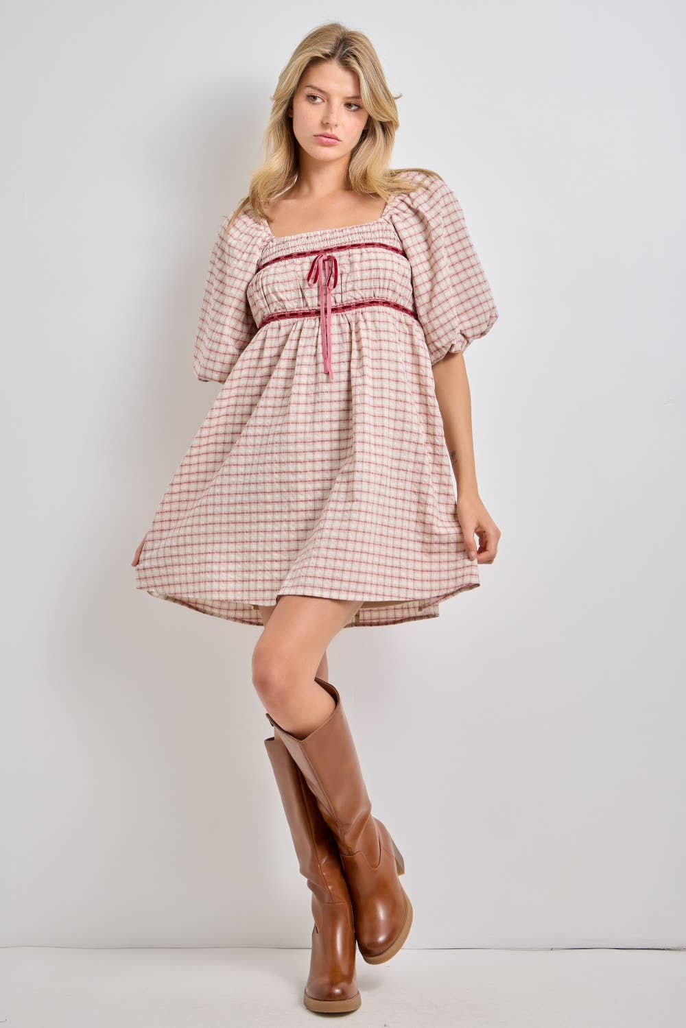 plaid mini dress, plaid puff sleeve dress, square neck plaid dress, pink plaid dress, cottagecore mini dress, empire waist dress, velvet ribbon dress, fall plaid dress, women's boutique dress, plus size plaid dress, feminine fall dress, west of may boutique