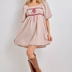 plaid mini dress, plaid puff sleeve dress, square neck plaid dress, pink plaid dress, cottagecore mini dress, empire waist dress, velvet ribbon dress, fall plaid dress, women's boutique dress, plus size plaid dress, feminine fall dress, west of may boutique
