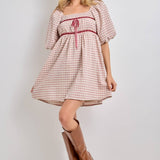 plaid mini dress, plaid puff sleeve dress, square neck plaid dress, pink plaid dress, cottagecore mini dress, empire waist dress, velvet ribbon dress, fall plaid dress, women's boutique dress, plus size plaid dress, feminine fall dress, west of may boutique