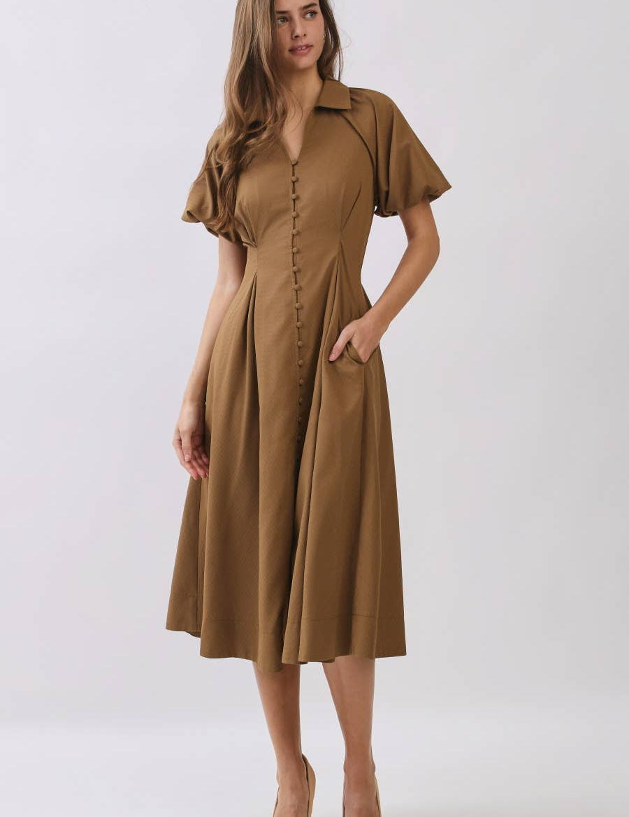 brown midi dress, camel midi dress, button front dress, collared midi dress, puff sleeve dress, fall midi dress, vintage inspired dress, brown wedding guest dress, fall wedding guest dress, fitted waist dress, plus size midi dress, extended size dress