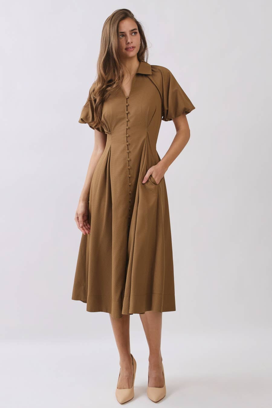 brown midi dress, camel midi dress, button front dress, collared midi dress, puff sleeve dress, fall midi dress, vintage inspired dress, brown wedding guest dress, fall wedding guest dress, fitted waist dress, plus size midi dress, extended size dress