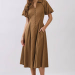 brown midi dress, camel midi dress, button front dress, collared midi dress, puff sleeve dress, fall midi dress, vintage inspired dress, brown wedding guest dress, fall wedding guest dress, fitted waist dress, plus size midi dress, extended size dress