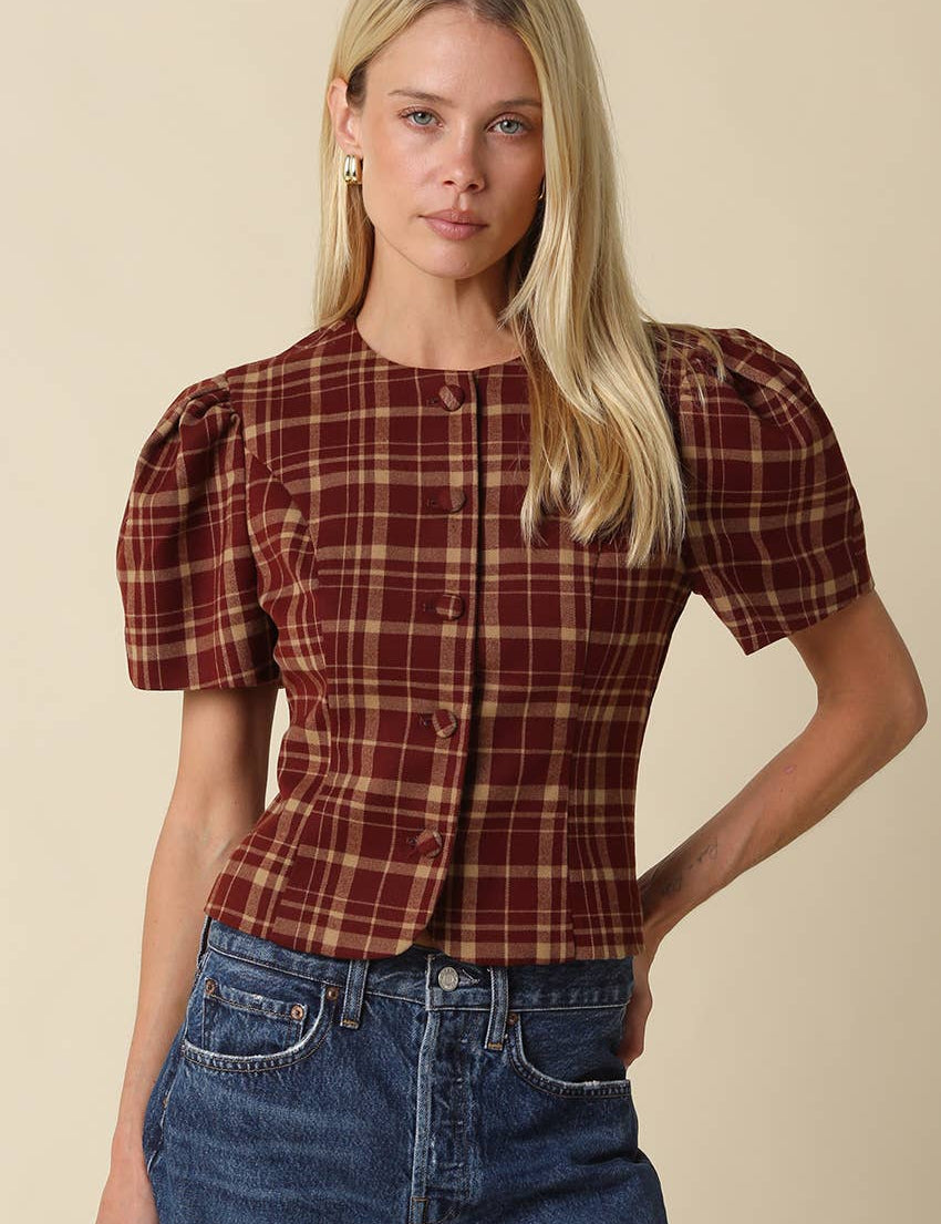 burgundy and brown plaid fitted button front blouse with short puff sleeves and tailored waist