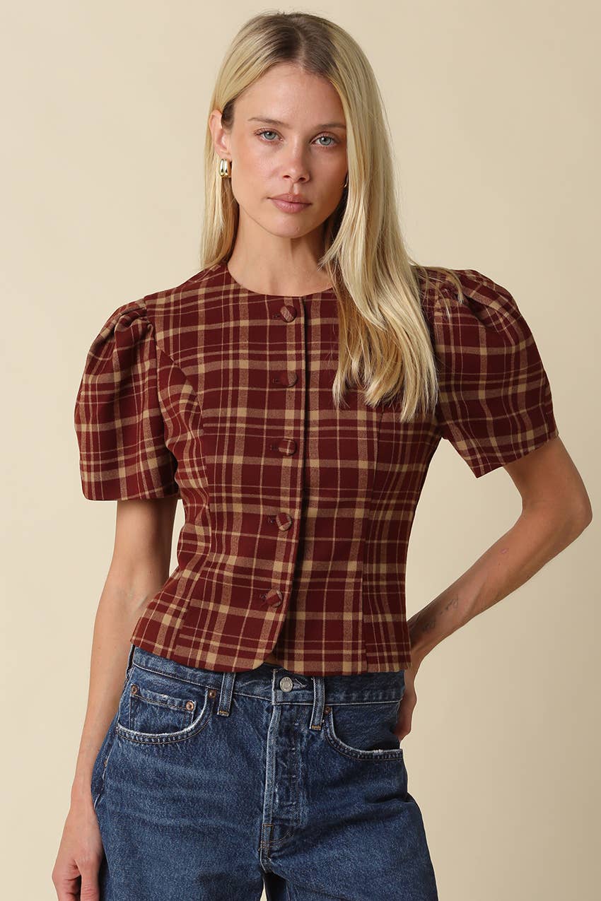 burgundy and brown plaid fitted button front blouse with short puff sleeves and tailored waist
