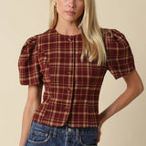 burgundy and brown plaid fitted button front blouse with short puff sleeves and tailored waist