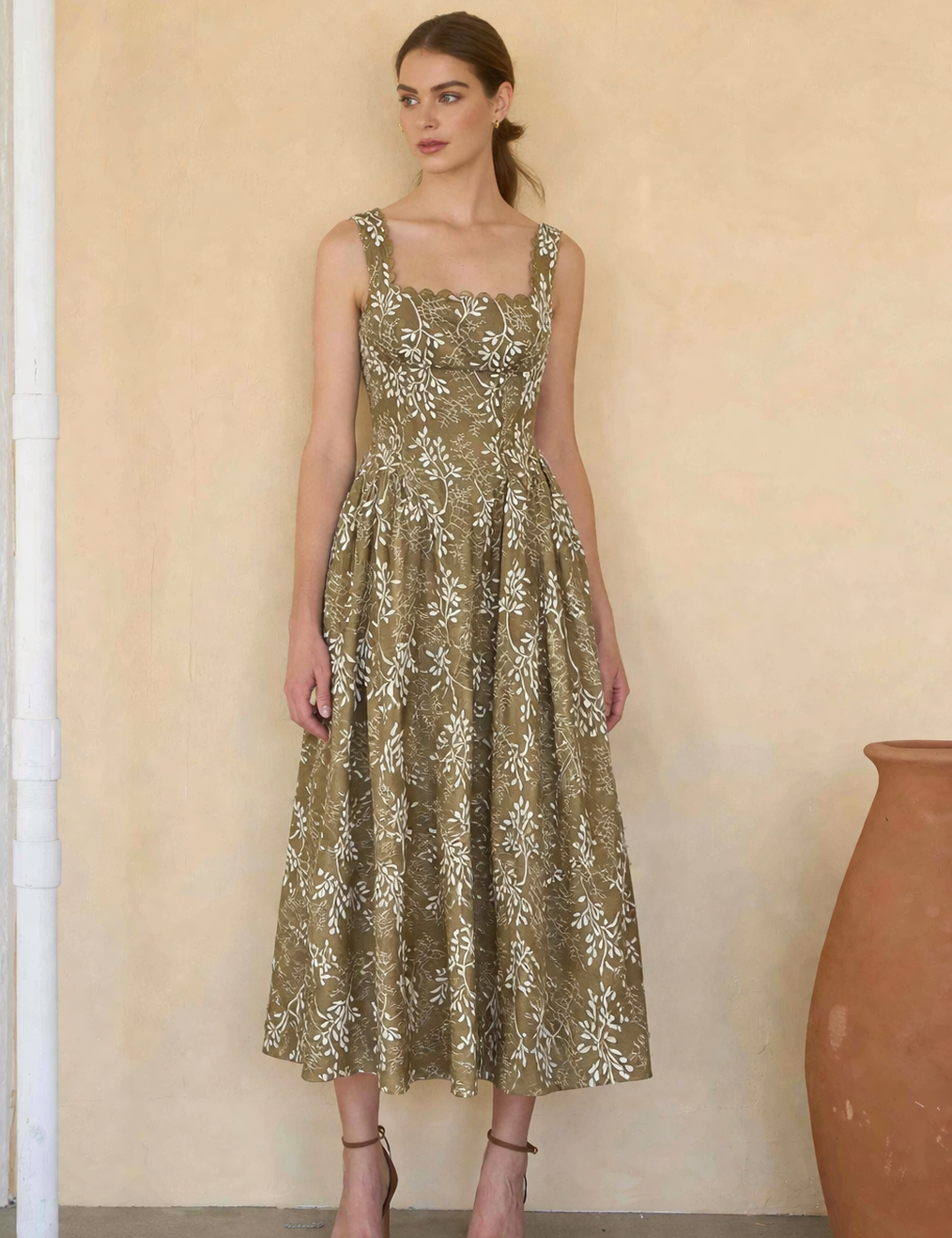 olive embroidered midi dress, embroidered leaf print dress, square neck wedding guest dress, basque waist midi dress, fall wedding guest outfit, feminine a-line midi dress, embroidered cotton blend dress, modest occasion dress, garden party dress, West of May boutique