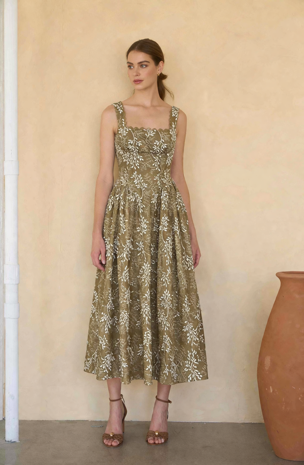 olive embroidered midi dress, embroidered leaf print dress, square neck wedding guest dress, basque waist midi dress, fall wedding guest outfit, feminine a-line midi dress, embroidered cotton blend dress, modest occasion dress, garden party dress, West of May boutique