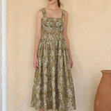 olive embroidered midi dress, embroidered leaf print dress, square neck wedding guest dress, basque waist midi dress, fall wedding guest outfit, feminine a-line midi dress, embroidered cotton blend dress, modest occasion dress, garden party dress, West of May boutique