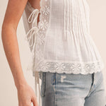 lace trim tank top
white cotton tank top
square neck tank
lace strap tank
feminine summer top
cotton lace blouse
pintuck tank top
white summer blouse
boho cotton tank
romantic summer top
lightweight cotton blouse
sleeveless lace top
boutique women's clothing
white casual top
cotton tank with lace
summer outfit essential
delicate lace detail top
women's cotton blouse
vacation outfit top
everyday feminine top