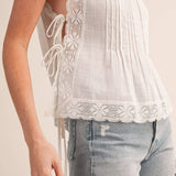lace trim tank top
white cotton tank top
square neck tank
lace strap tank
feminine summer top
cotton lace blouse
pintuck tank top
white summer blouse
boho cotton tank
romantic summer top
lightweight cotton blouse
sleeveless lace top
boutique women's clothing
white casual top
cotton tank with lace
summer outfit essential
delicate lace detail top
women's cotton blouse
vacation outfit top
everyday feminine top