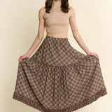 brown plaid midi skirt, brown check skirt, ruffle midi skirt, tiered midi skirt, plus size midi skirt, size inclusive skirt, fall midi skirt, western skirt, prairie skirt, boho midi skirt, elastic waist skirt, vintage inspired skirt, brown fall skirt