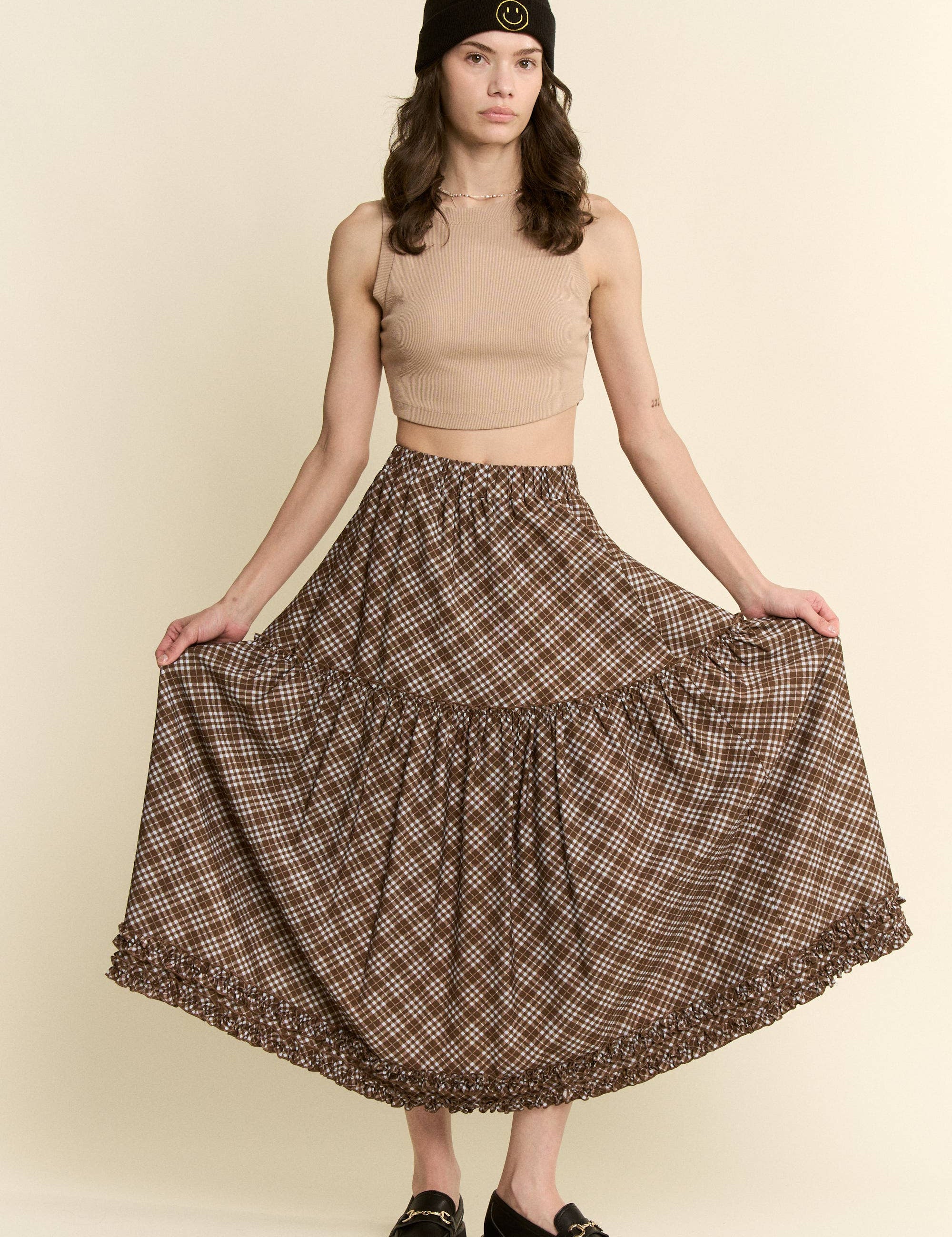 brown plaid midi skirt, brown check skirt, ruffle midi skirt, tiered midi skirt, plus size midi skirt, size inclusive skirt, fall midi skirt, western skirt, prairie skirt, boho midi skirt, elastic waist skirt, vintage inspired skirt, brown fall skirt