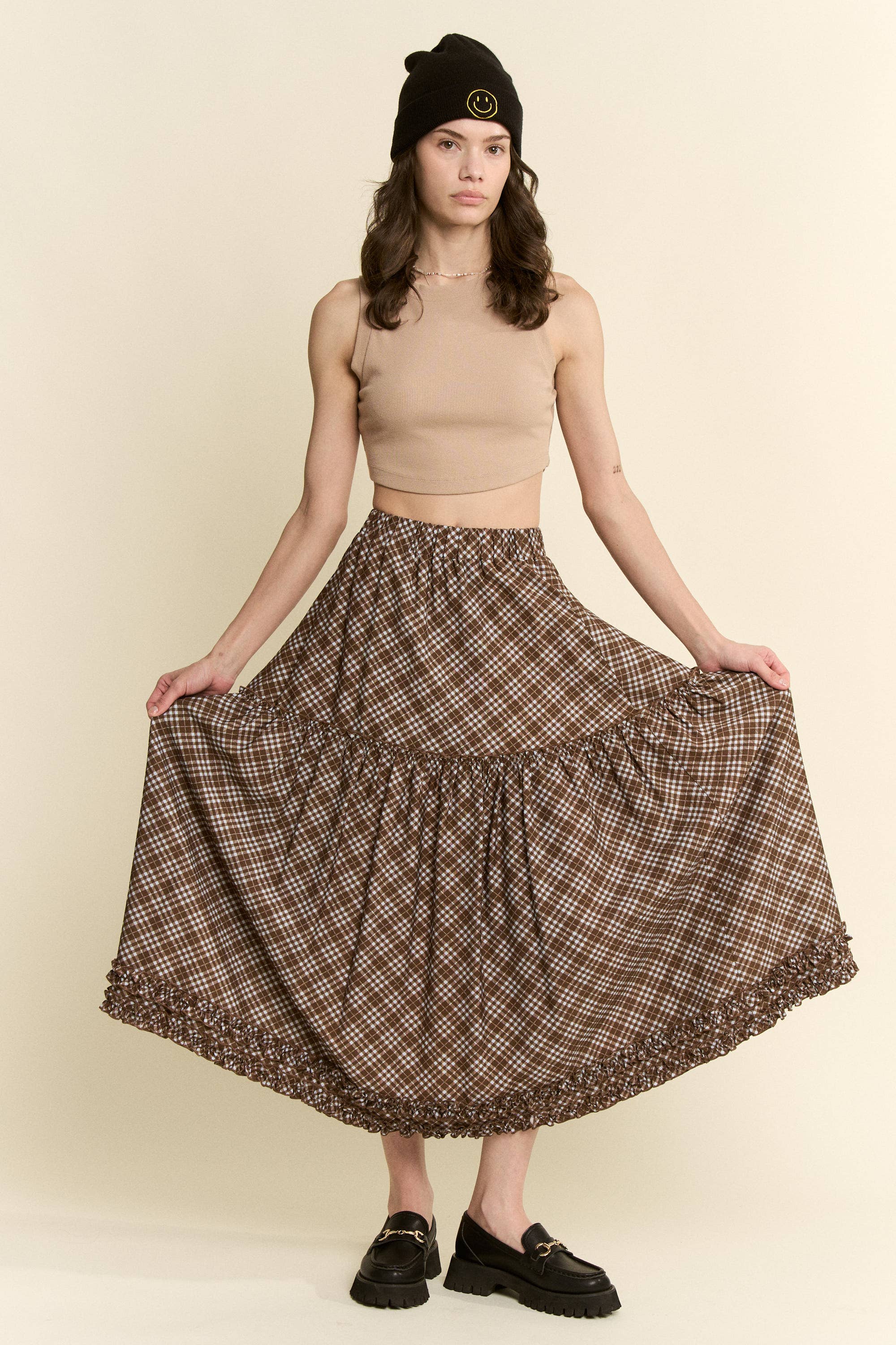 brown plaid midi skirt, brown check skirt, ruffle midi skirt, tiered midi skirt, plus size midi skirt, size inclusive skirt, fall midi skirt, western skirt, prairie skirt, boho midi skirt, elastic waist skirt, vintage inspired skirt, brown fall skirt