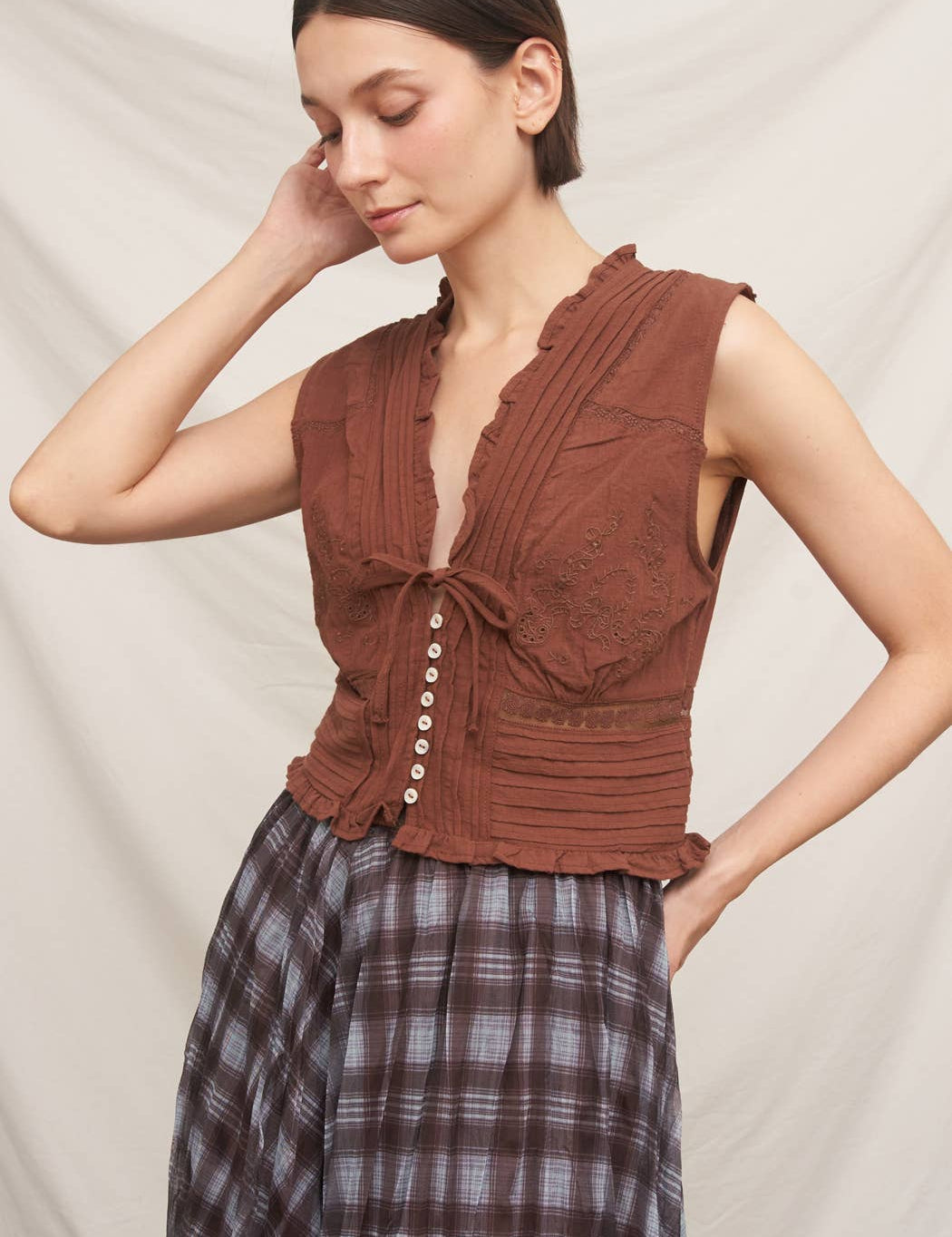 rust embroidered blouse, brown embroidered top, western blouse, prairie blouse, sleeveless western top, boho blouse, fall blouse, button front blouse, feminine western top, rust sleeveless top