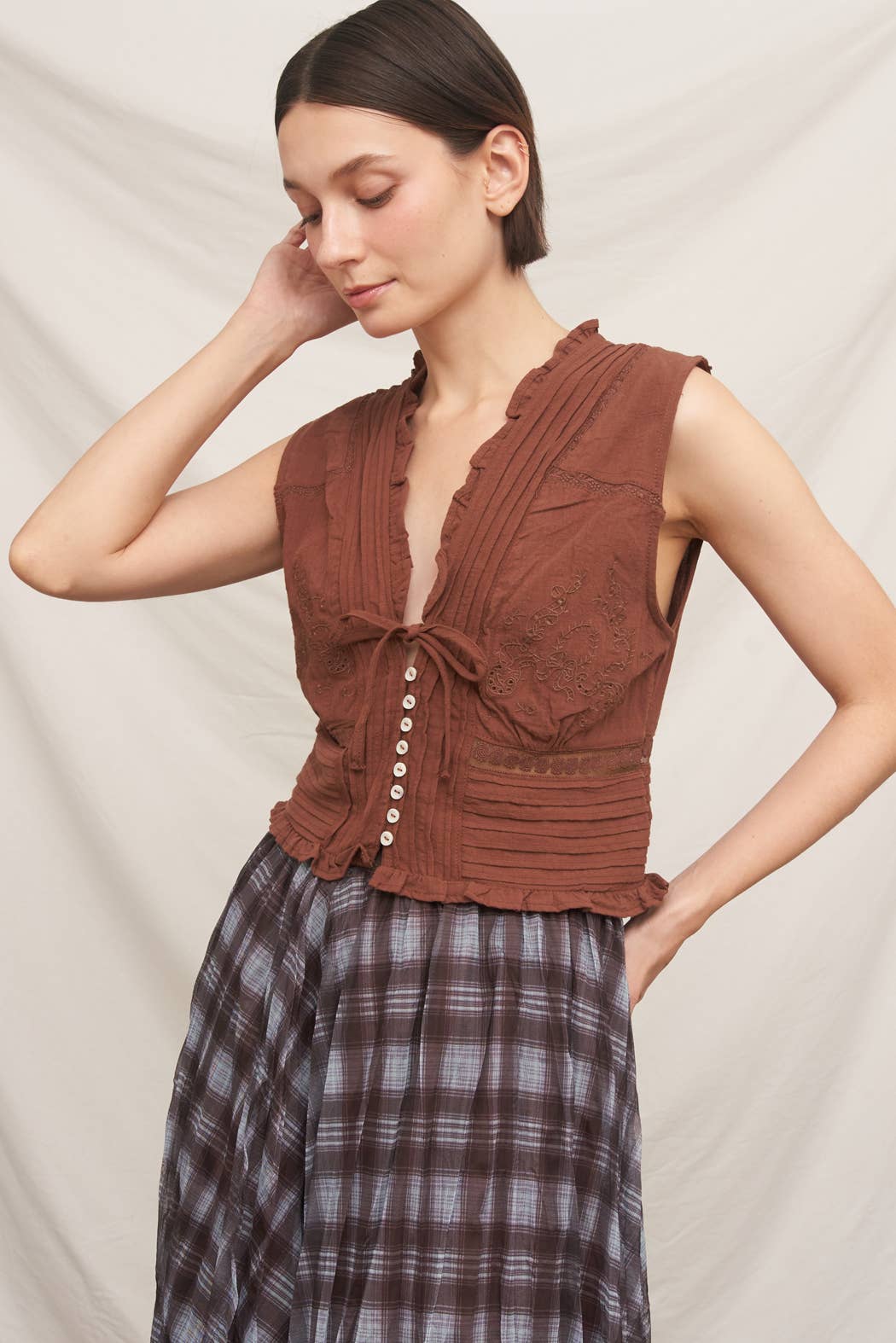 rust embroidered blouse, brown embroidered top, western blouse, prairie blouse, sleeveless western top, boho blouse, fall blouse, button front blouse, feminine western top, rust sleeveless top