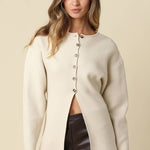 cashmere blend sweater, ivory button front sweater, women's peplum sweater, cream knit sweater, button front knit top, fitted fall sweater, women's fall sweater, elevated neutral sweater, long sleeve knit top