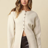 cashmere blend sweater, ivory button front sweater, women's peplum sweater, cream knit sweater, button front knit top, fitted fall sweater, women's fall sweater, elevated neutral sweater, long sleeve knit top