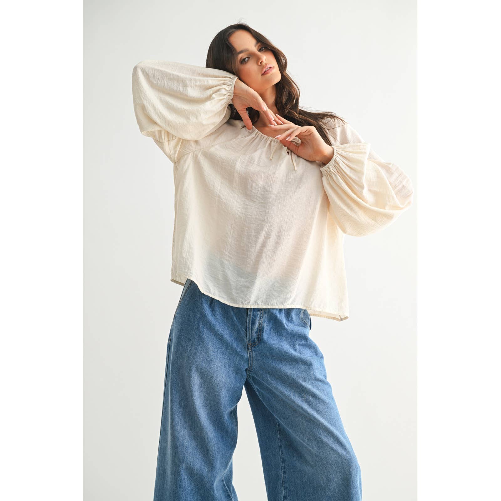 cream peasant blouse, balloon sleeve blouse, relaxed fit long sleeve top, boho cream blouse, adjustable neckline top, flowy everyday blouse, lightweight rayon blouse, oversized boho top, casual long sleeve blouse, neutral fall top