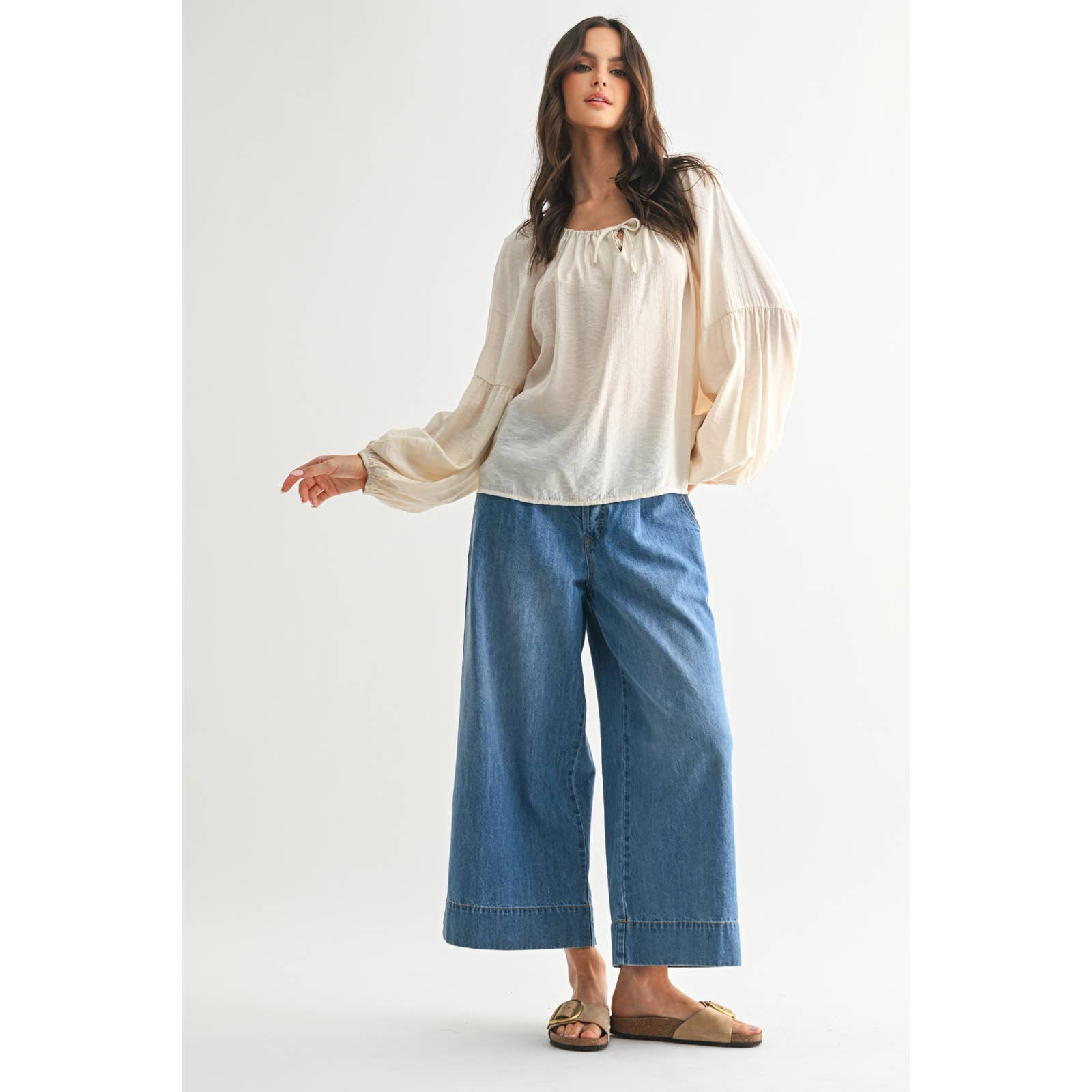 cream peasant blouse, balloon sleeve blouse, relaxed fit long sleeve top, boho cream blouse, adjustable neckline top, flowy everyday blouse, lightweight rayon blouse, oversized boho top, casual long sleeve blouse, neutral fall top