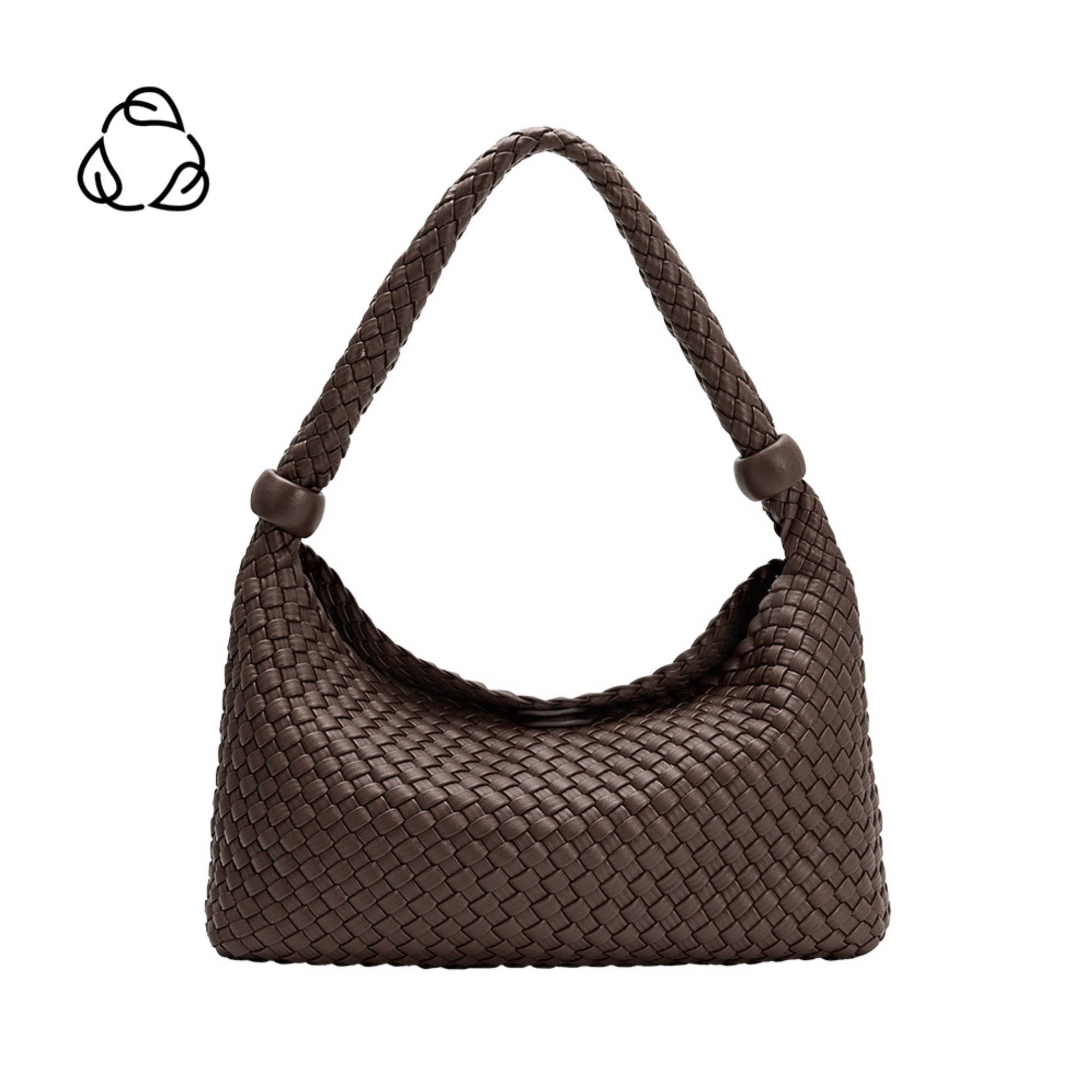 chocolate brown woven vegan leather shoulder bag with braided strap and bead accents