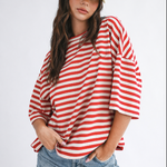 Oversize cotton tee, red striped tee, stripe tee, fourth of july casual outfit, mom outfit, comfy outfit, johnson city boutique, womens clothing store johnson city, east tennessee boutique, affordable womens clothing, unique womens boutique