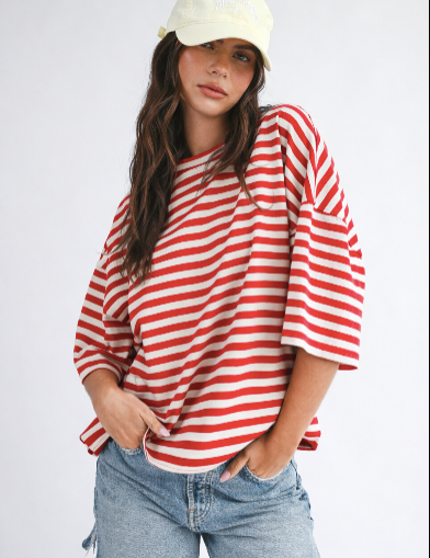 Oversize cotton tee, red striped tee, stripe tee, fourth of july casual outfit, mom outfit, comfy outfit, johnson city boutique, womens clothing store johnson city, east tennessee boutique, affordable womens clothing, unique womens boutique