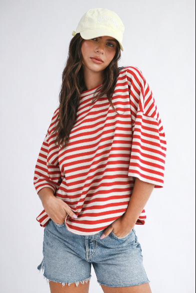Oversize cotton tee, red striped tee, stripe tee, fourth of july casual outfit, mom outfit, comfy outfit, johnson city boutique, womens clothing store johnson city, east tennessee boutique, affordable womens clothing, unique womens boutique